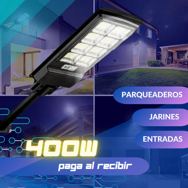 Lampara con panel solar grande 400 W - Potente y duradera.